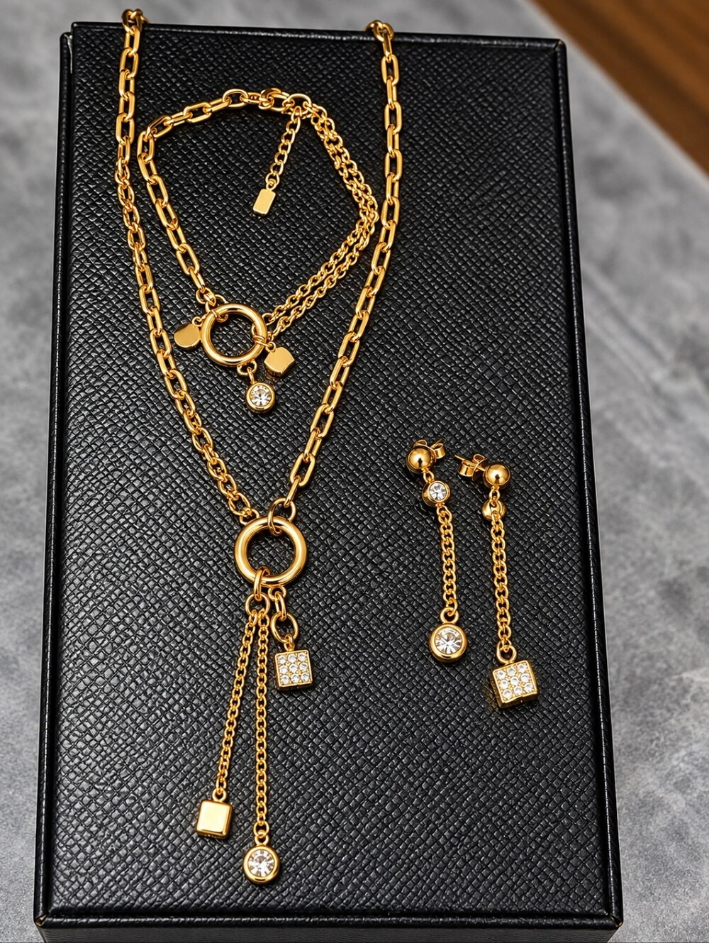 Stainless Steel Gold-Tone Layered Necklace and Drop Earrings Set